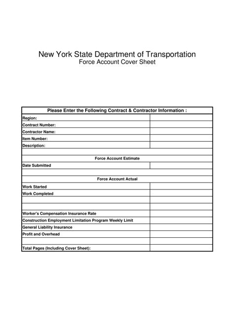 Force Account Cover Sheet - New York