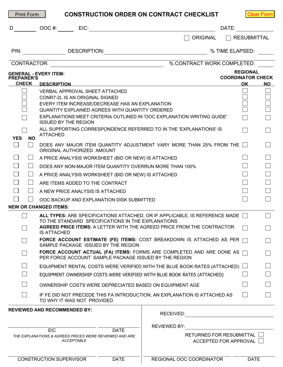 Construction Order on Contract Checklist - New York, Page 1
