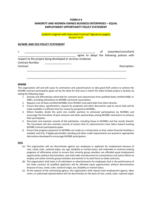 Form 4 Minority and Women-Owned Business Enterprises - Equal Employment Opportunity Policy Statement - New York