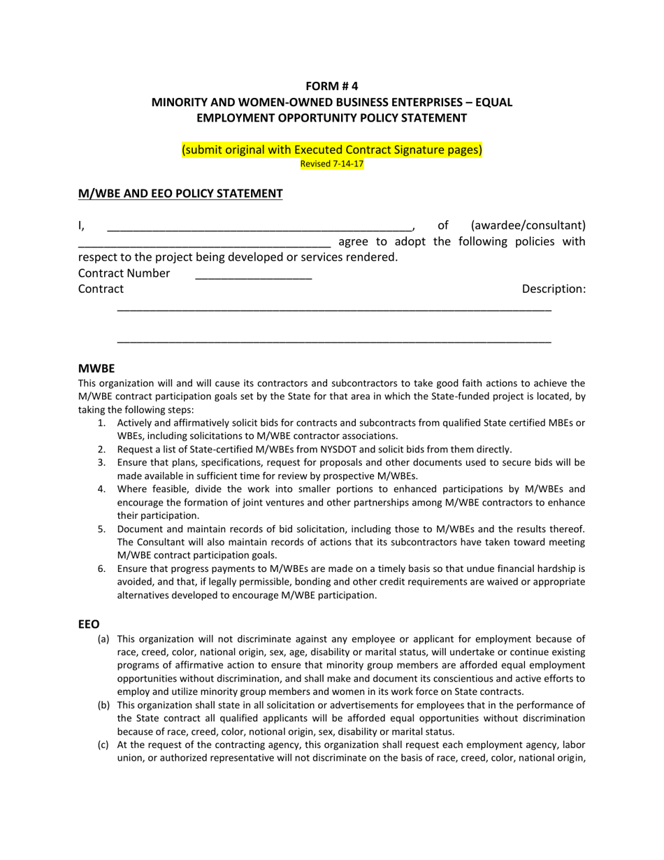 Form 4 Minority and Women-Owned Business Enterprises - Equal Employment Opportunity Policy Statement - New York, Page 1