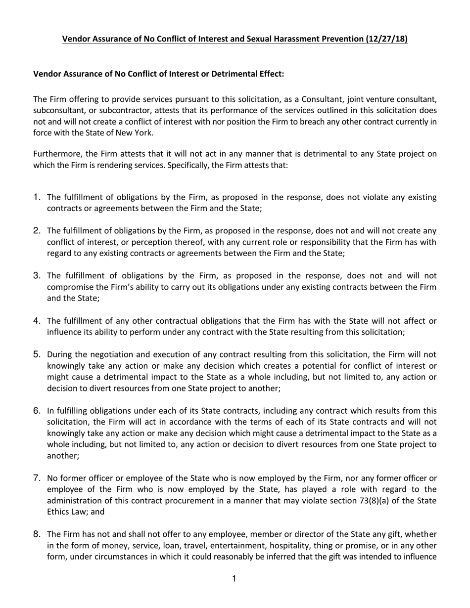 Vendor Assurance of No Conflict of Interest and Sexual Harassment Prevention - New York, Page 1