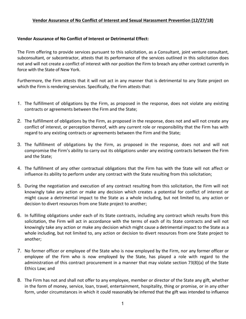 Vendor Assurance of No Conflict of Interest and Sexual Harassment Prevention - New York Download Pdf