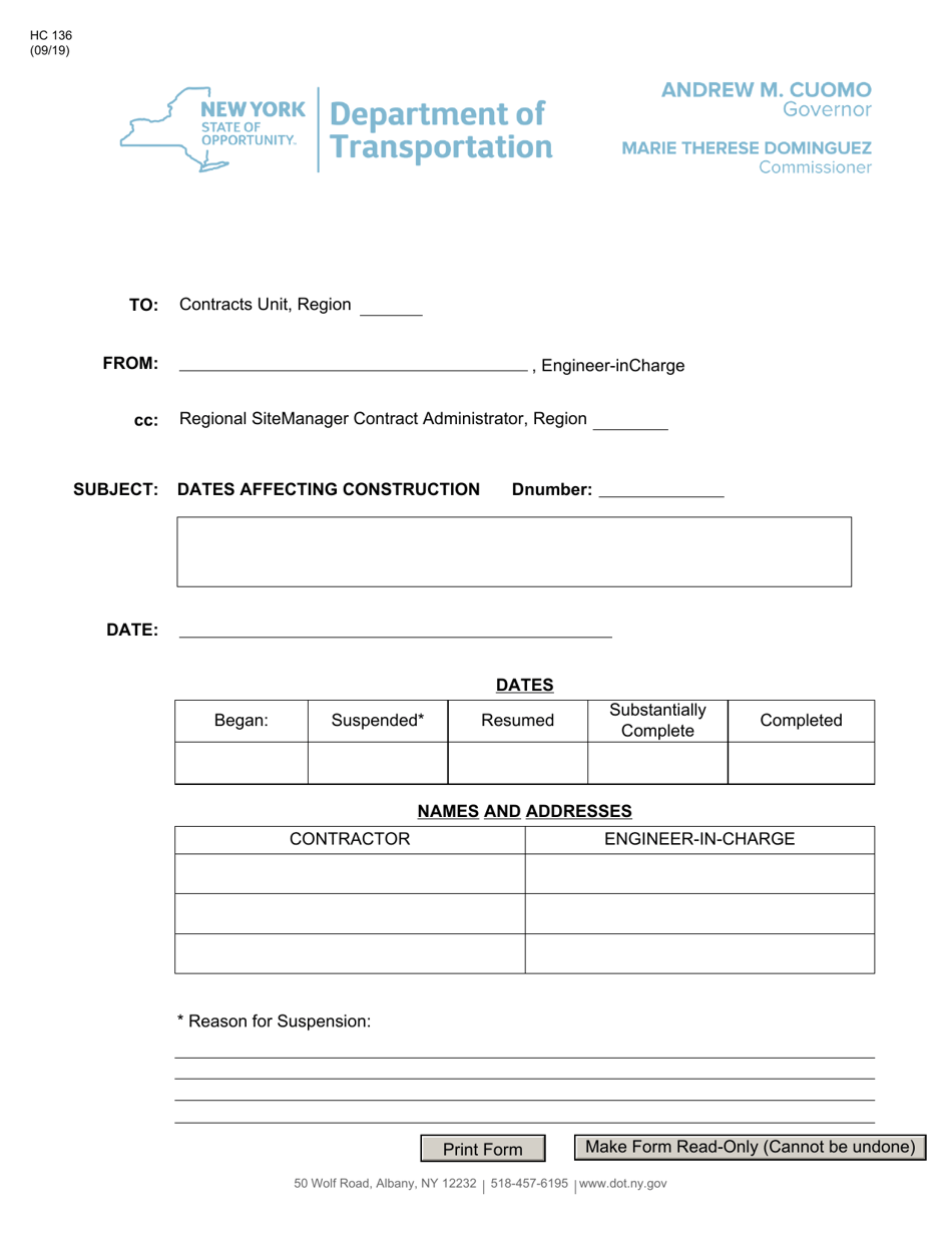 Form HC136 Notification of Dates Affecting Construction - New York, Page 1