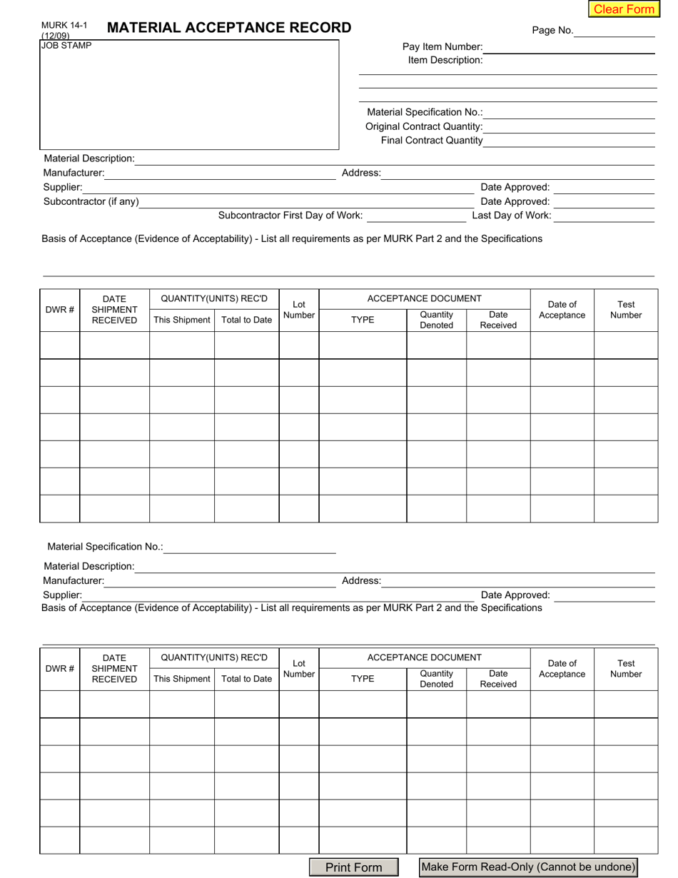 Form MURK14-1 Material Acceptance Record - One Item Multiple Materials - New York, Page 1