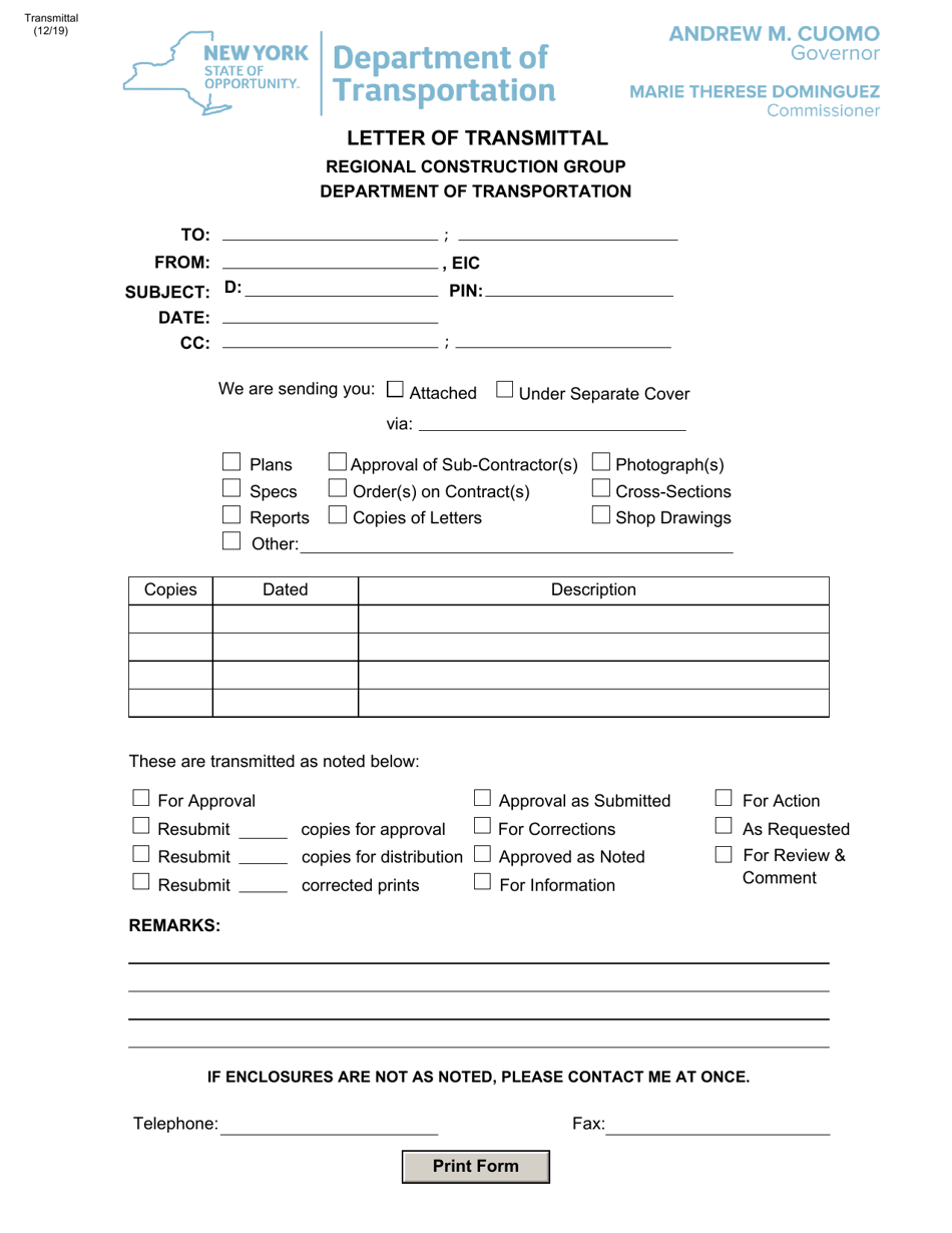 Letter of Transmittal - New York, Page 1