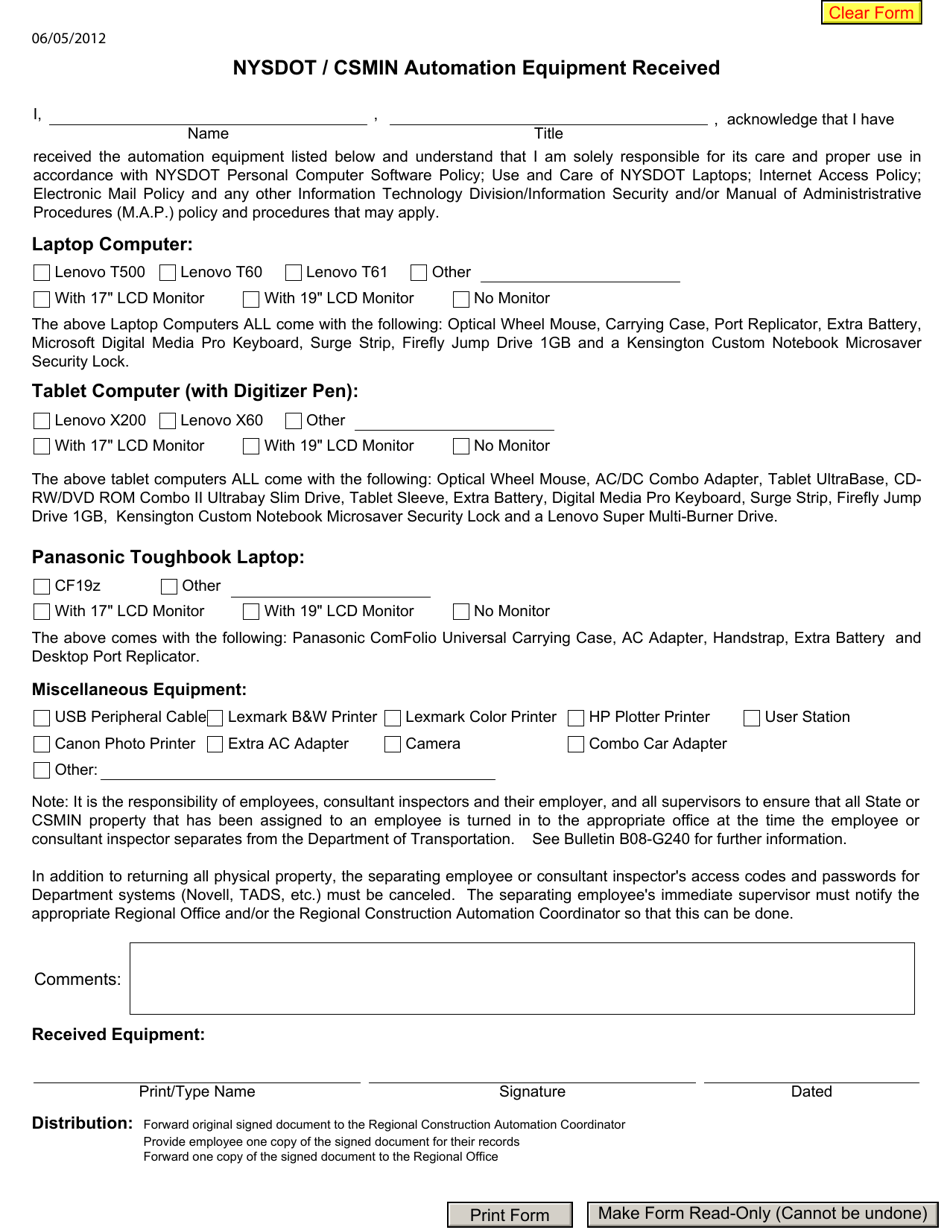 New York Nysdot/Csmin Automation Equipment Received Fill Out, Sign