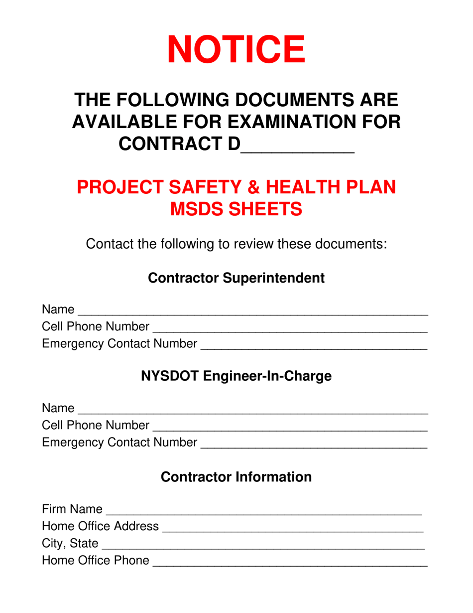Contacts for Project Safety  Health Plan Msds Sheets - New York, Page 1