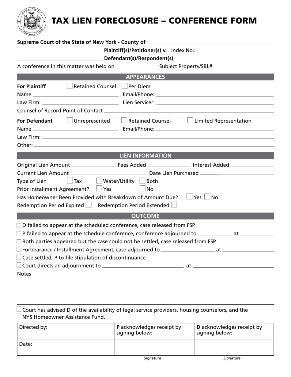 Tax Lien Foreclosure - Conference Form - New York, Page 1