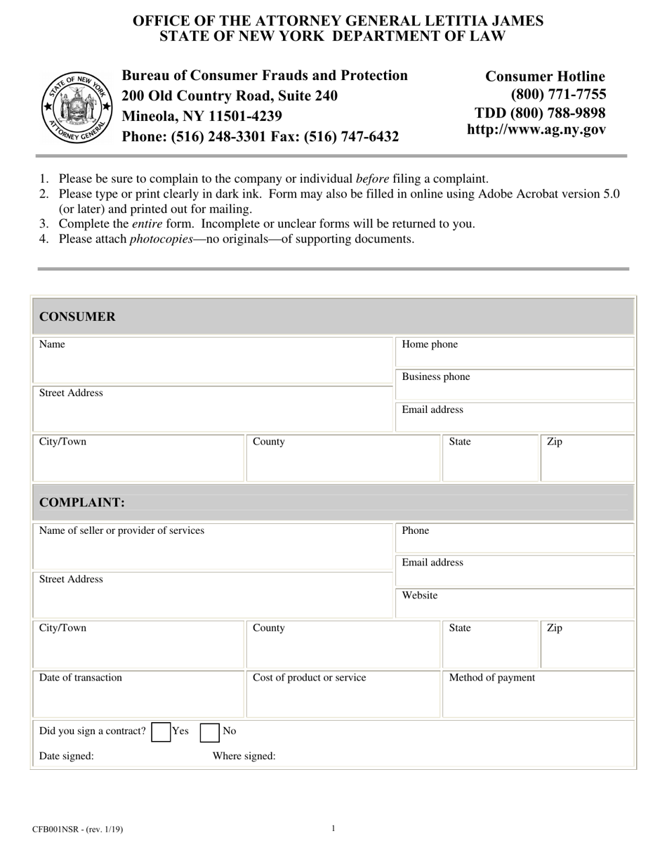 Form CFB001NSR Nassau Complaint Form - New York, Page 1