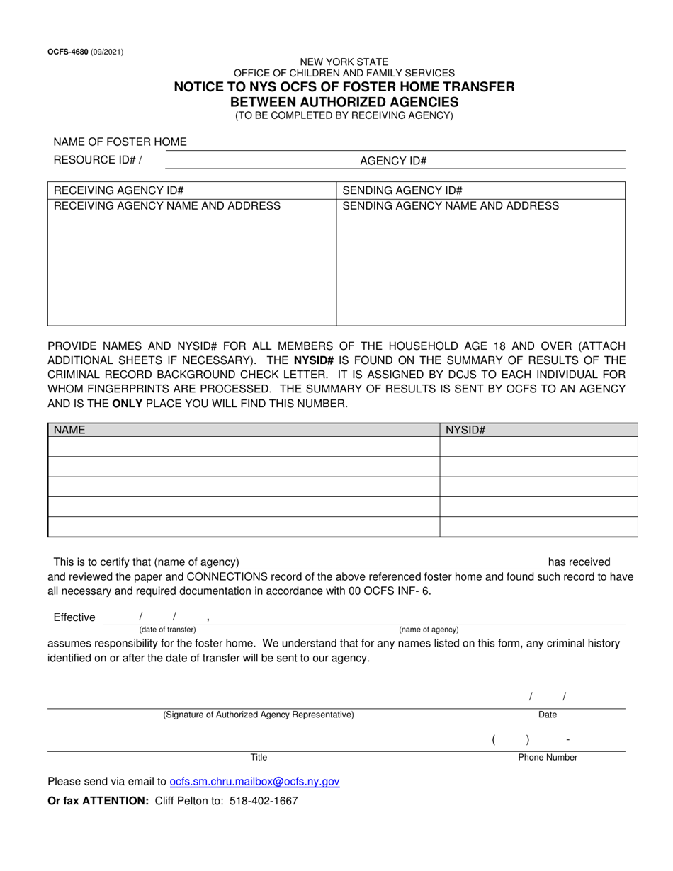 Form OCFS-4680 Notice to NYS Ocfs of Foster Home Transfer Between Authorized Agencies - New York, Page 1