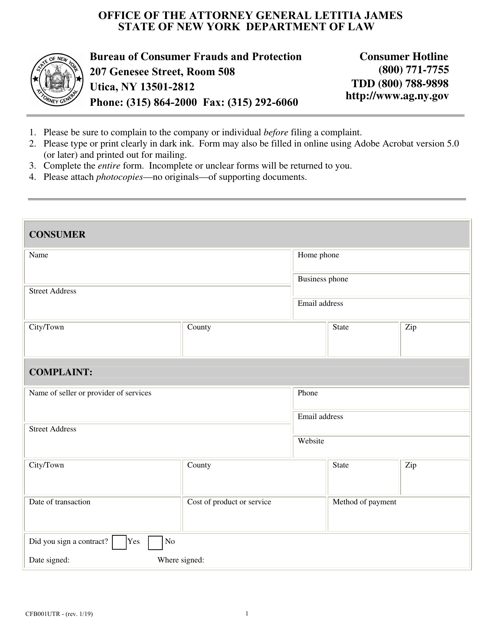 Form CFB001UTR Utica Complaint Form - New York