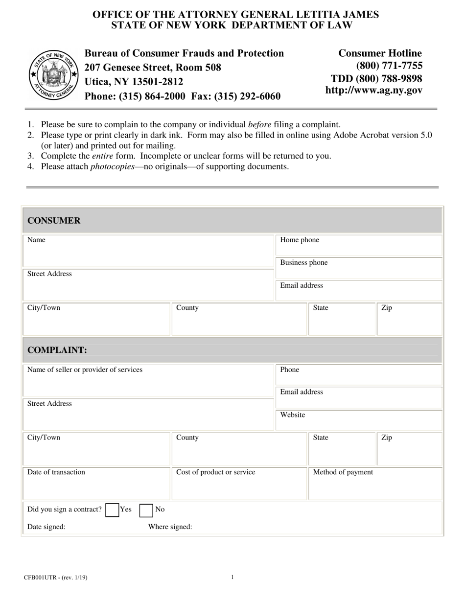 Form CFB001UTR Utica Complaint Form - New York, Page 1