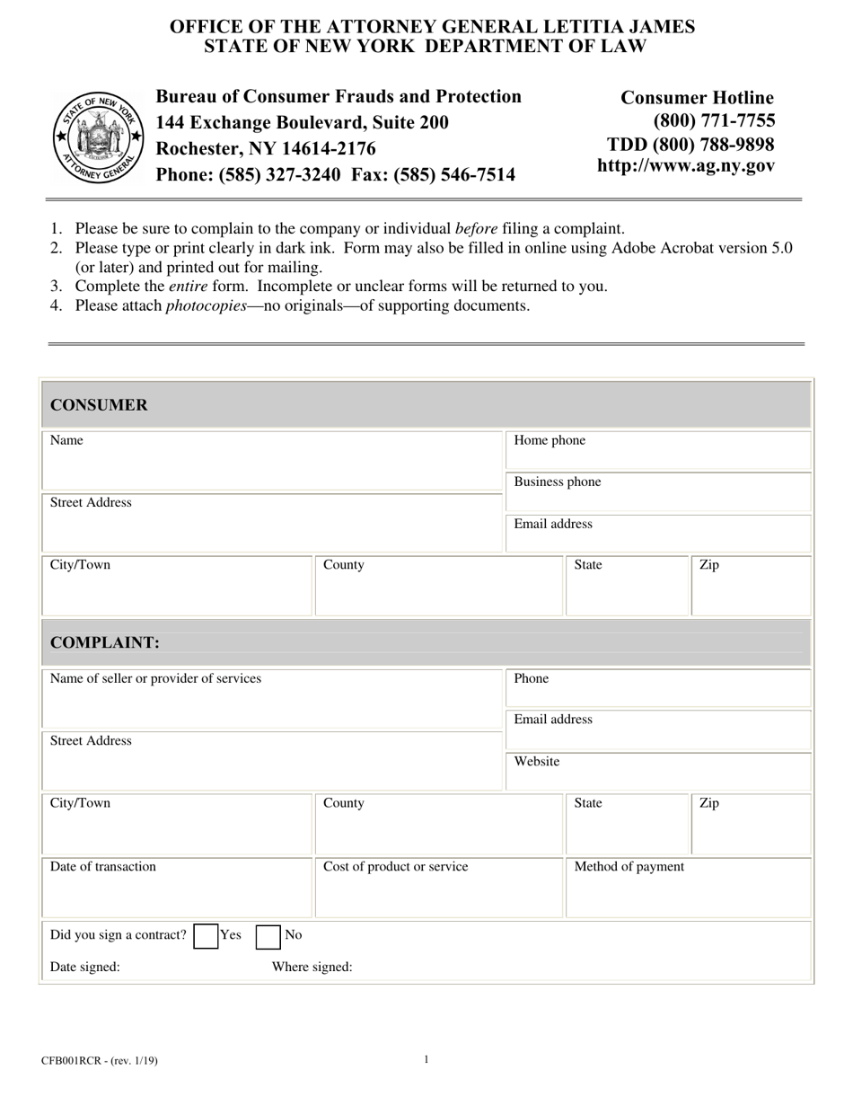 Form CFB001RCR Rochester Complaint Form - New York, Page 1