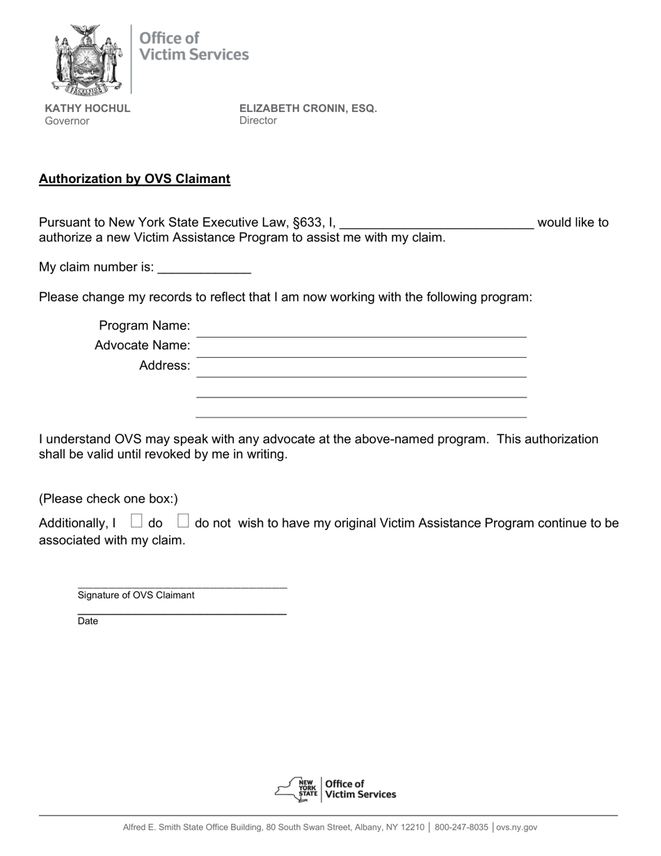 Authorization by Ovs Claimant - New York, Page 1