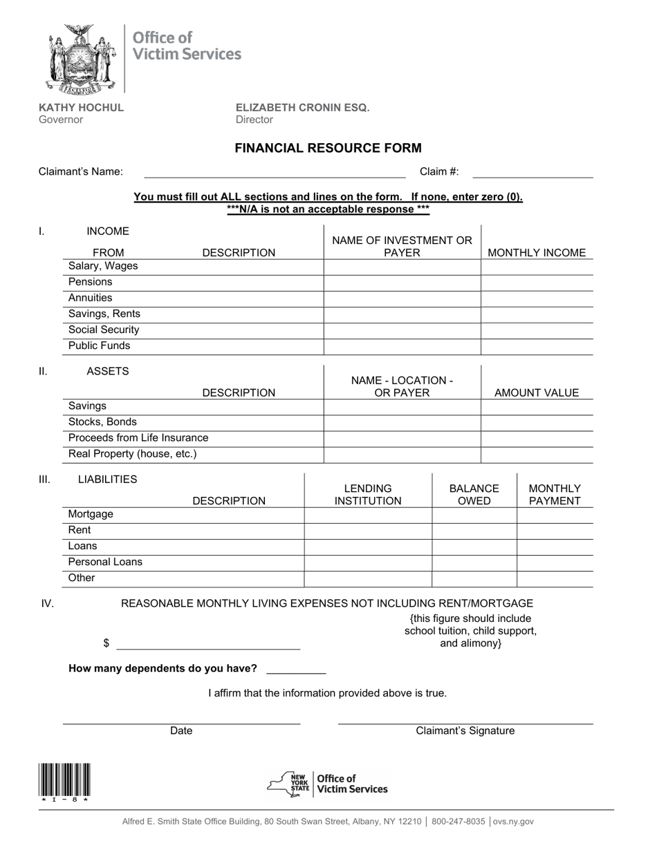 Financial Resource Form - New York, Page 1