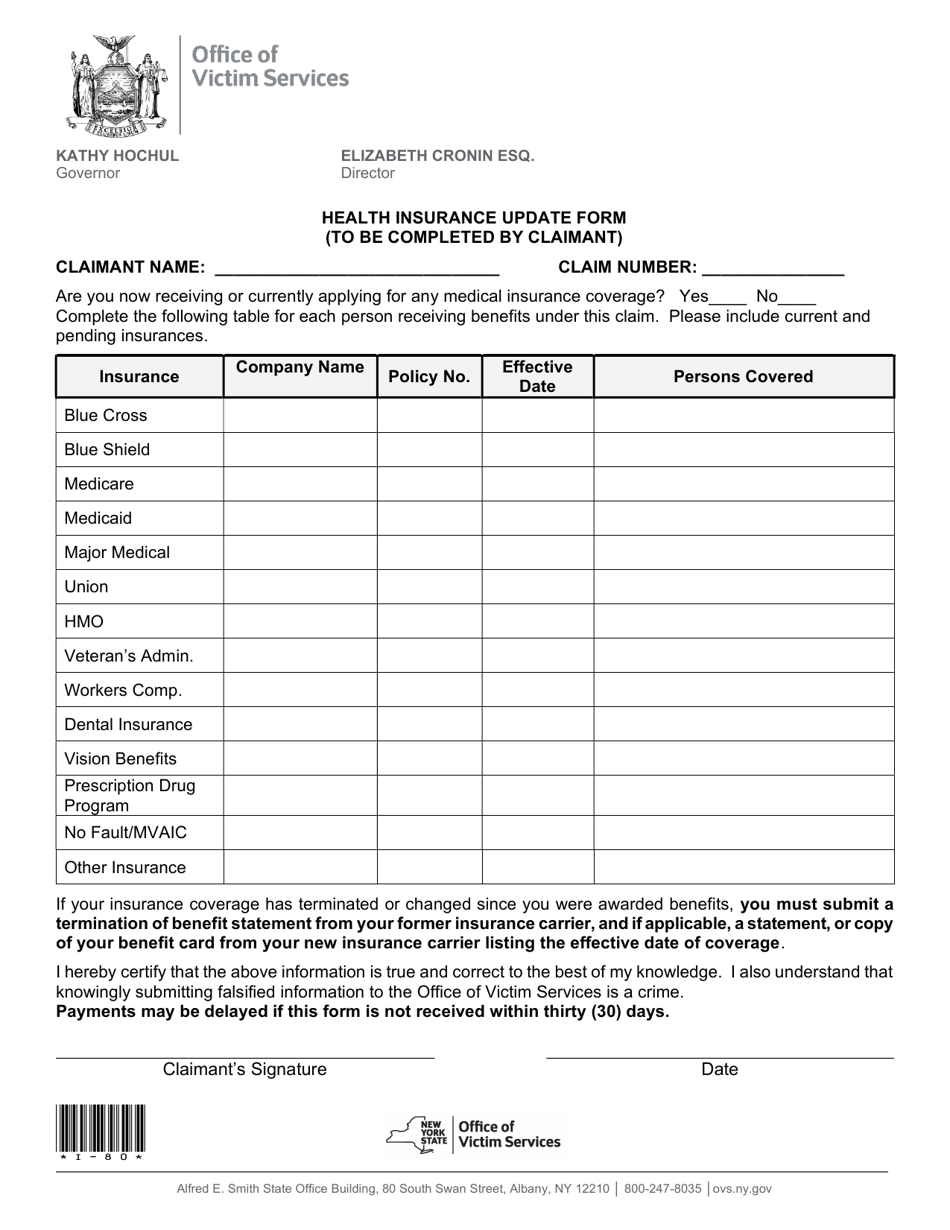 Form I-80 Health Insurance Update Form - New York, Page 1
