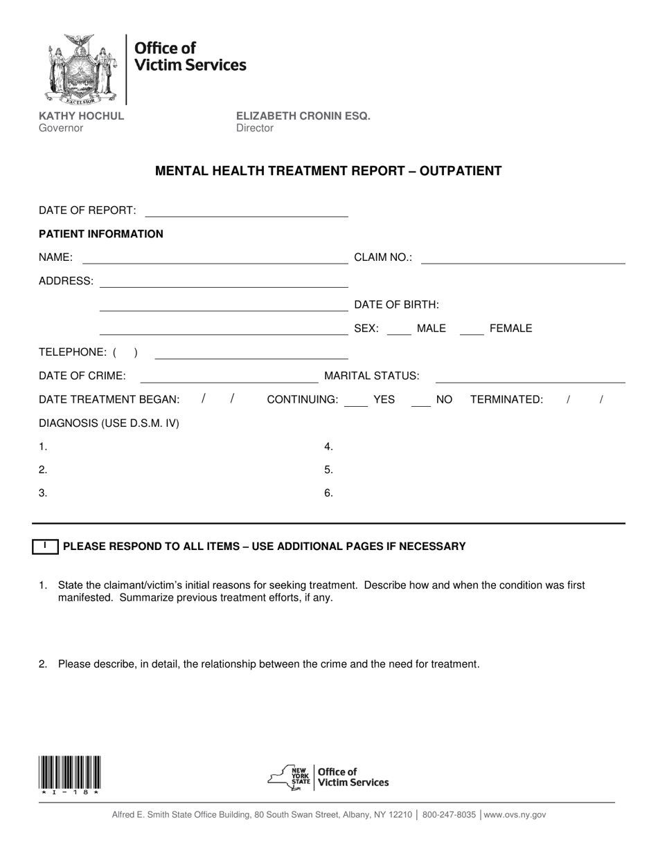 Form I-18 Mental Health Treatment Report - Outpatient - New York, Page 1
