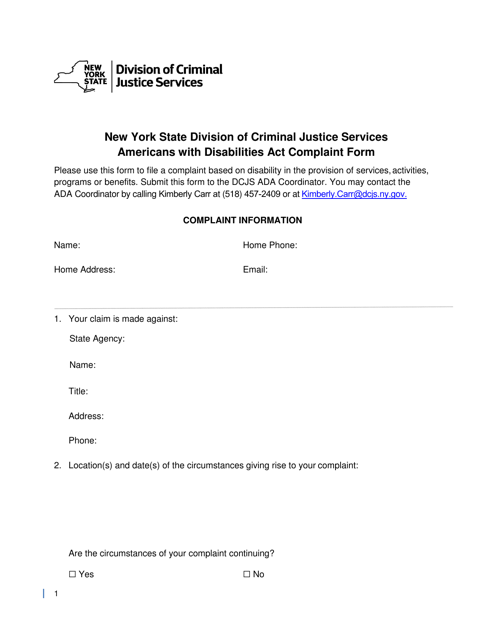 Complaint Form - Ada Programs and Services - New York Download Pdf