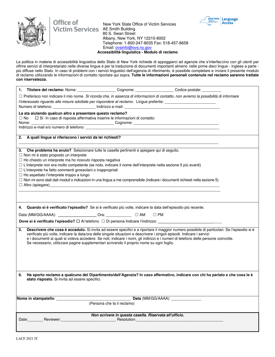Language Access Complaint Form - New York (Italian), Page 1