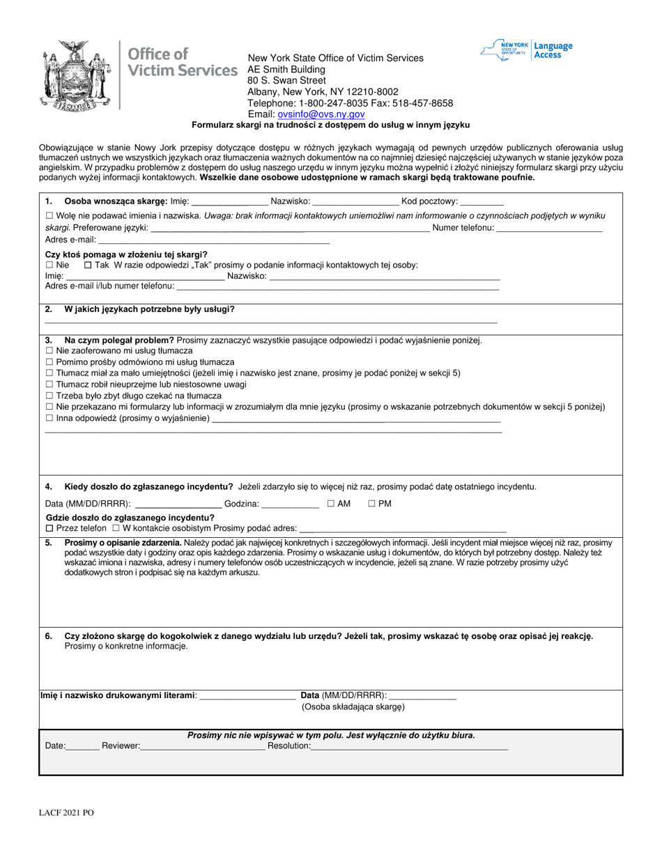 2021 New York Language Access Complaint Form (Polish) - Fill Out, Sign ...