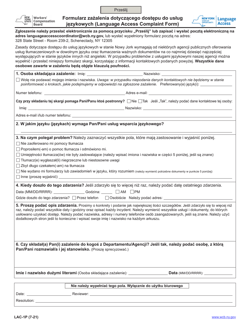 Form LAC-1P Language Access Comment Form - New York (Polish), Page 1