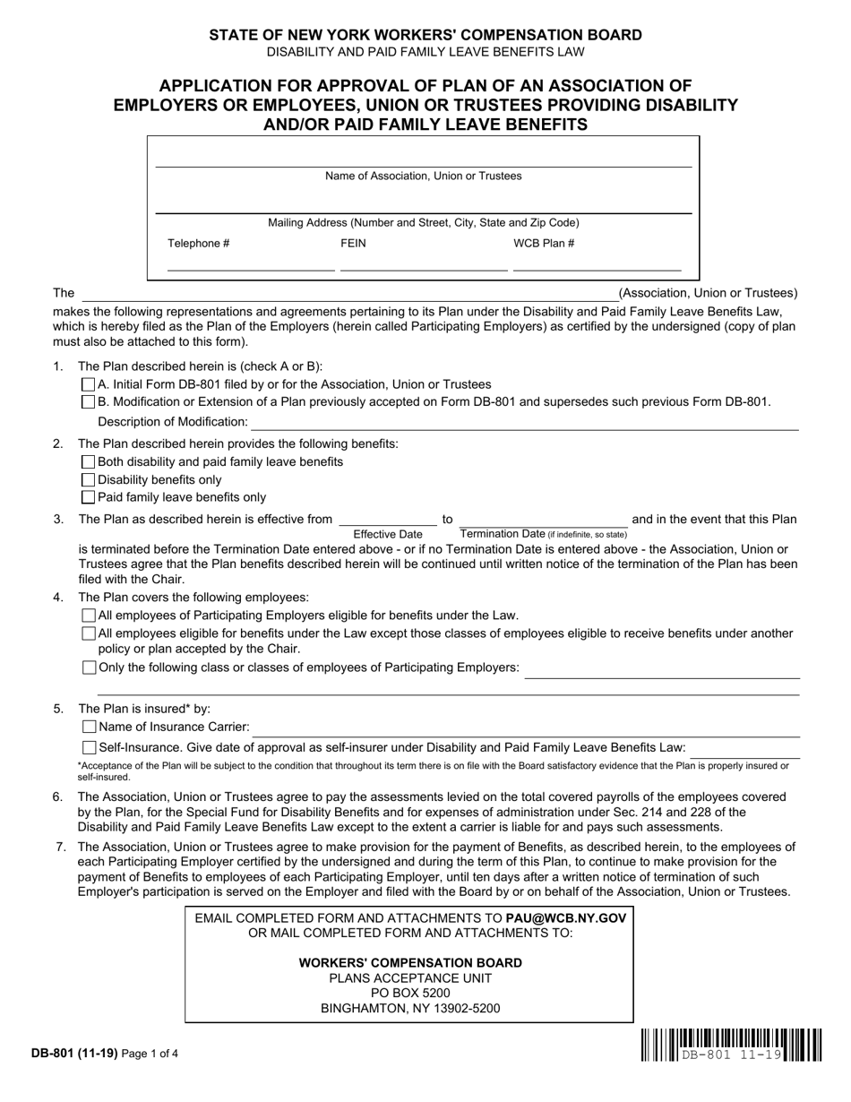 Form DB-801 Application for Approval of Plan of an Association of Employers or Employees, Union or Trustees Providing Disability and / or Paid Family Leave Benefits - New York, Page 1