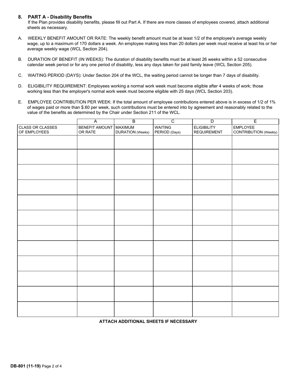 Form DB-801 Application for Approval of Plan of an Association of Employers or Employees, Union or Trustees Providing Disability and / or Paid Family Leave Benefits - New York, Page 2