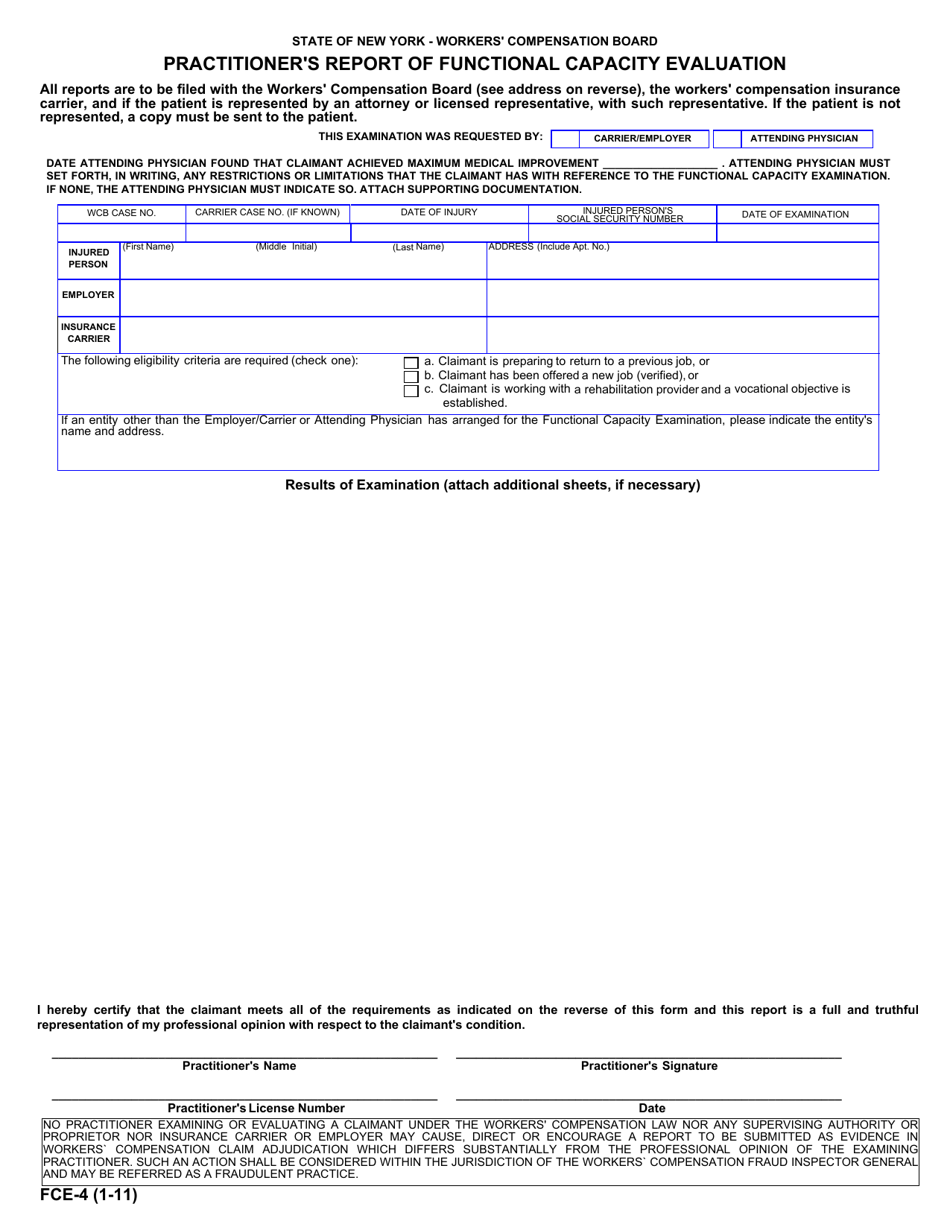 Form FCE-4 Practitioners Report of Functional Capacity Evaluation - New York, Page 1
