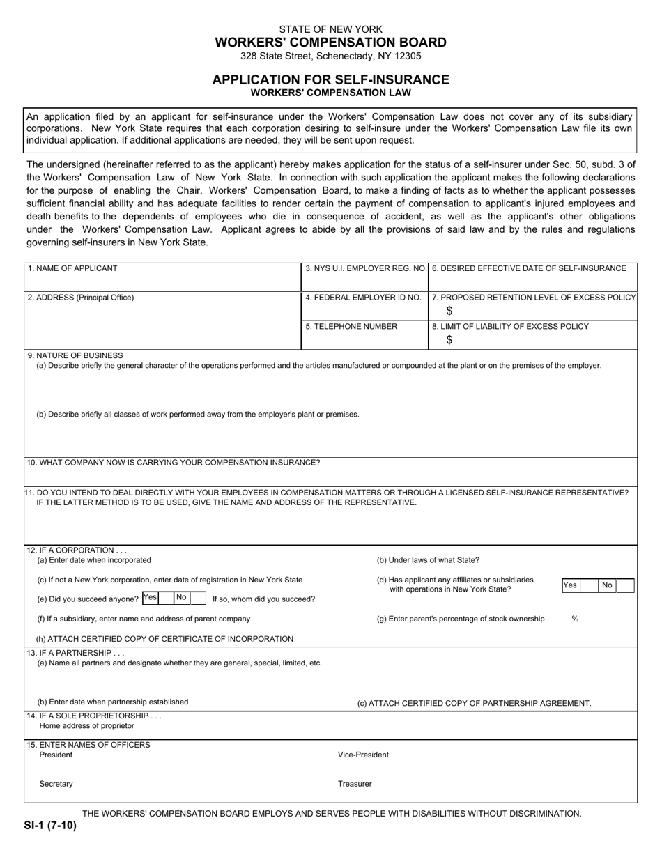 Form SI-1 Application for Self-insurance - New York, Page 1