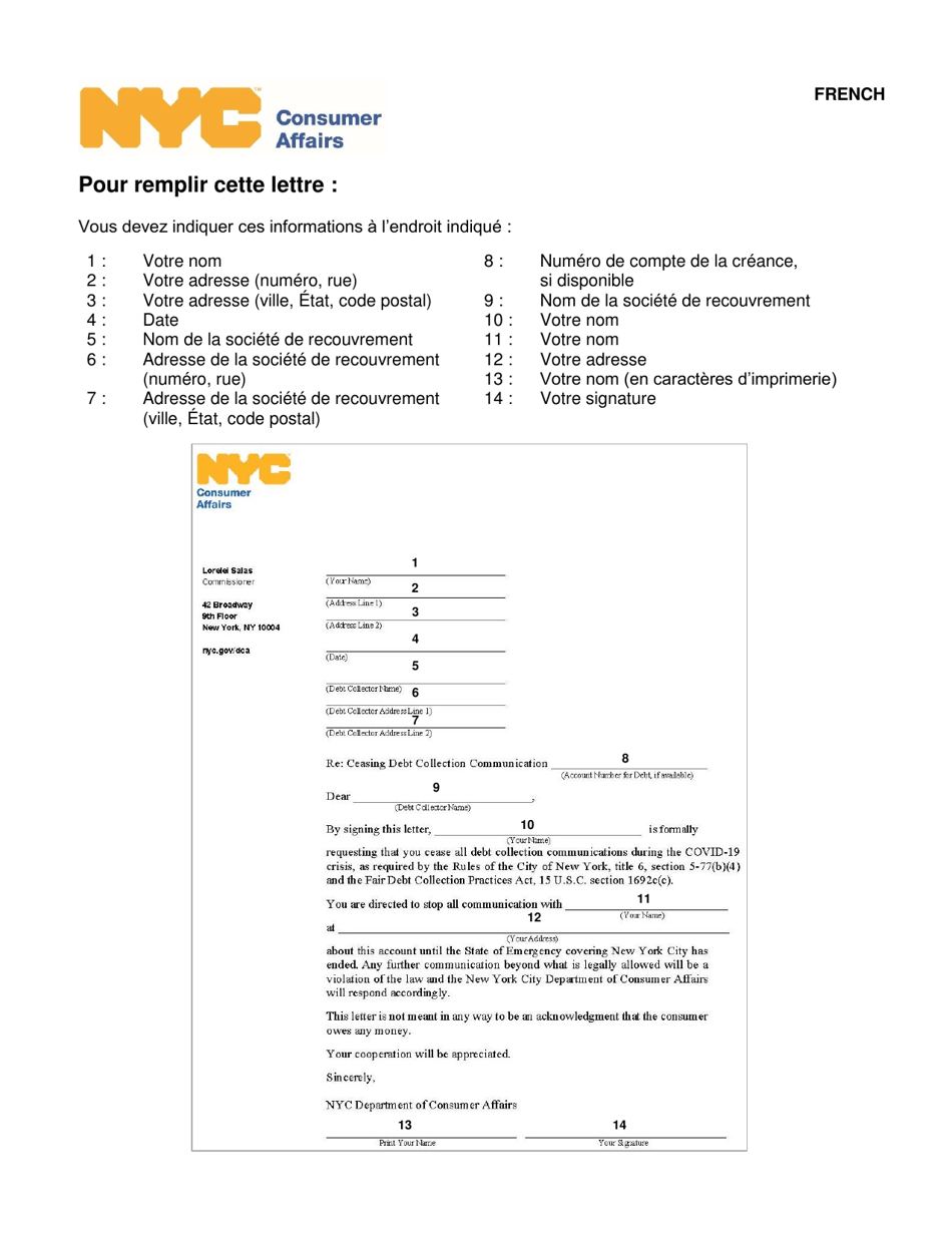 Cease Debt Collection Communication Letter - New York City (English / French), Page 2