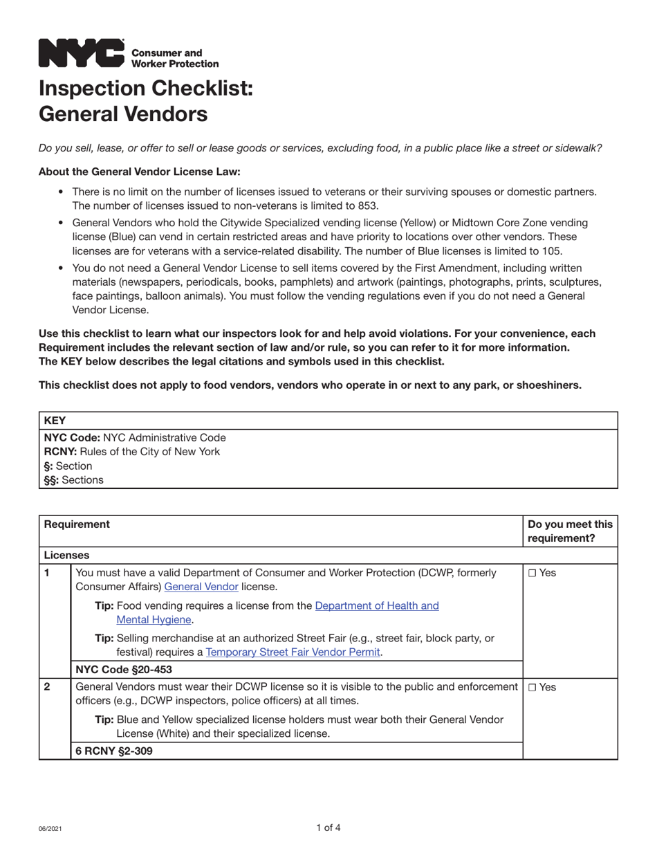 Inspection Checklist: General Vendors - New York City, Page 1