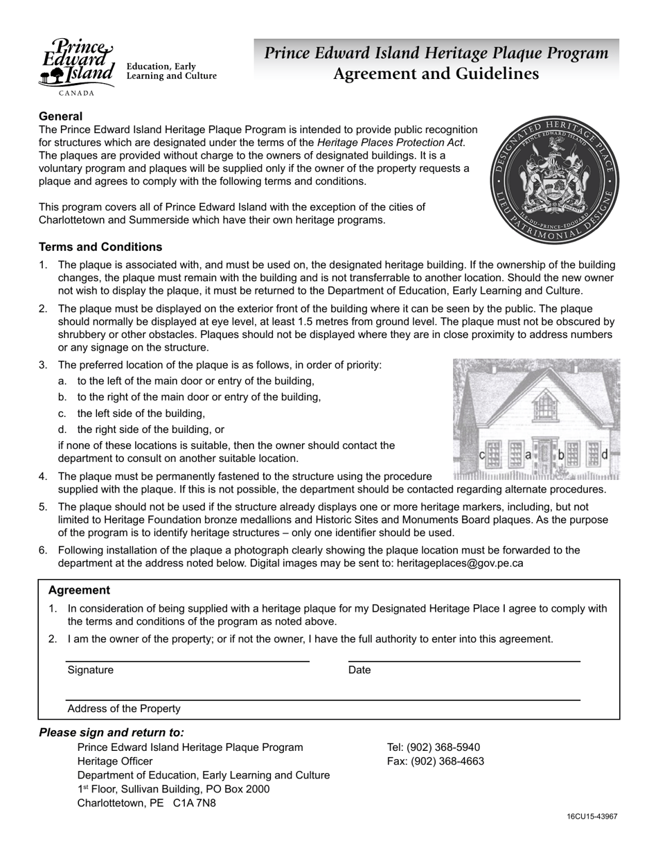 Agreement and Guidelines - Prince Edward Island Heritage Plaque Program - Prince Edward Island, Canada, Page 1