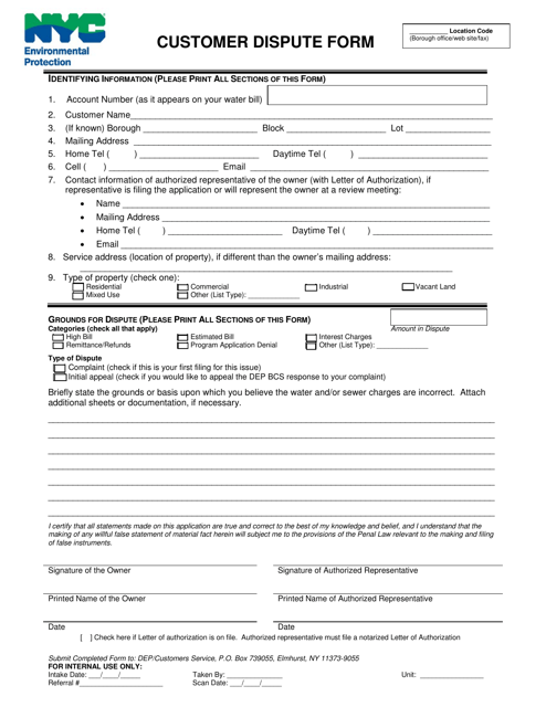 Customer Dispute Form - New York City (English / French) Download Pdf