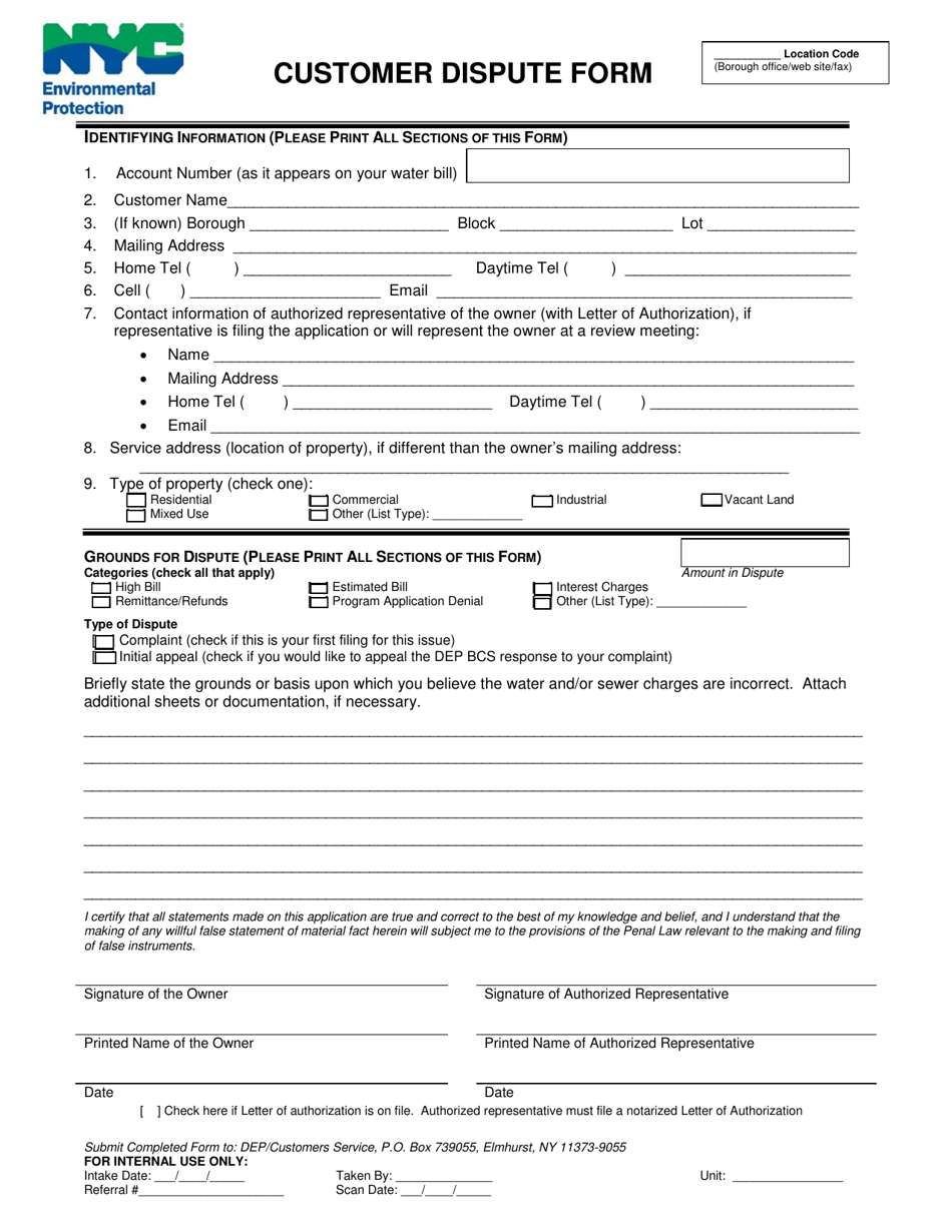 Customer Dispute Form - New York City (English / French), Page 1
