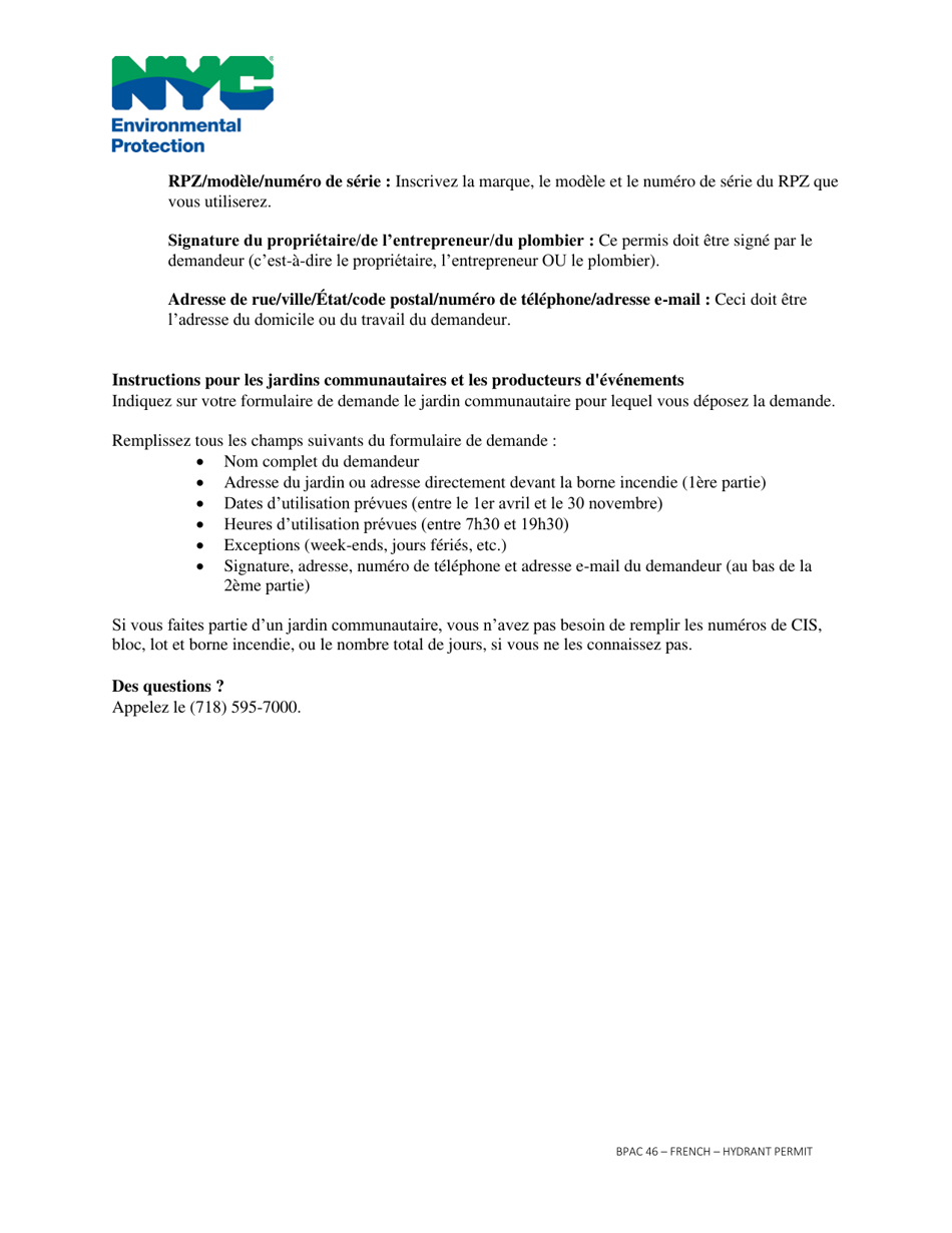 Instructions for Application for a Hydrant Water Use Permit - New York City (French), Page 4