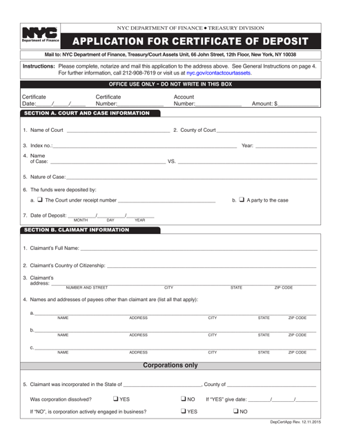 Application for Certificate of Deposit - New York City Download Pdf