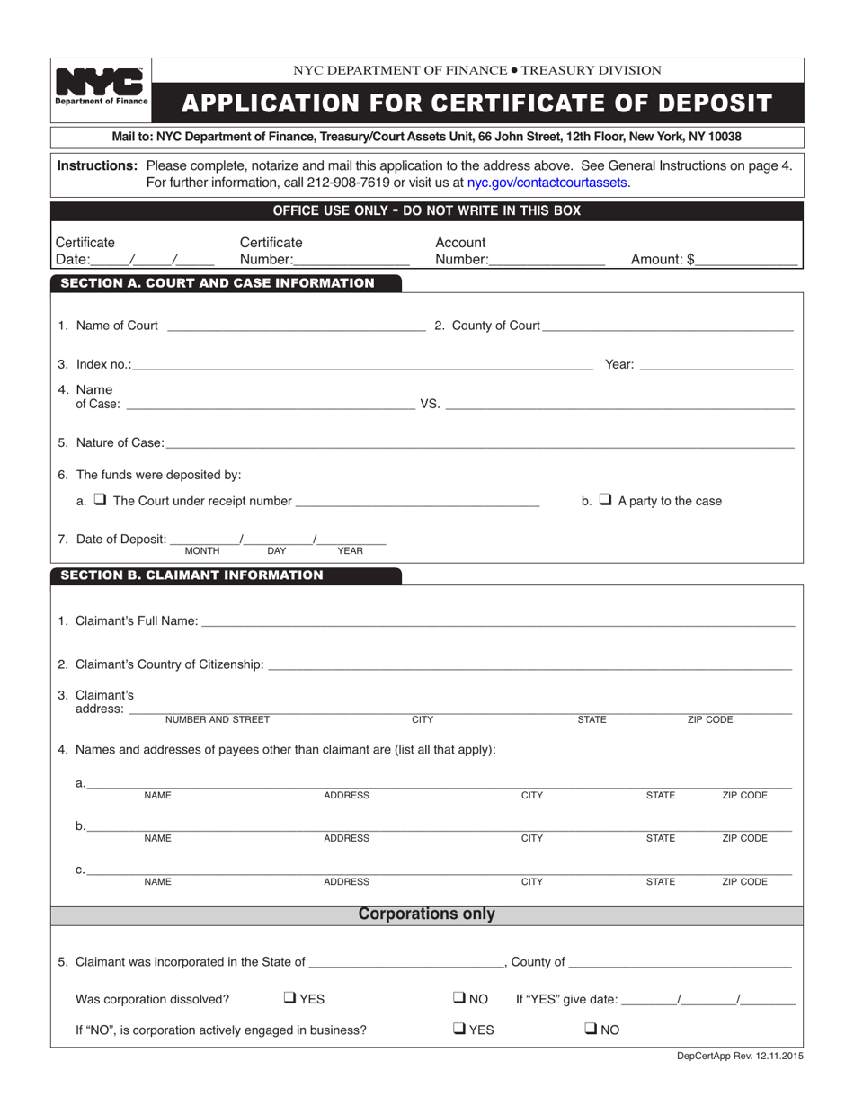 Application for Certificate of Deposit - New York City, Page 1