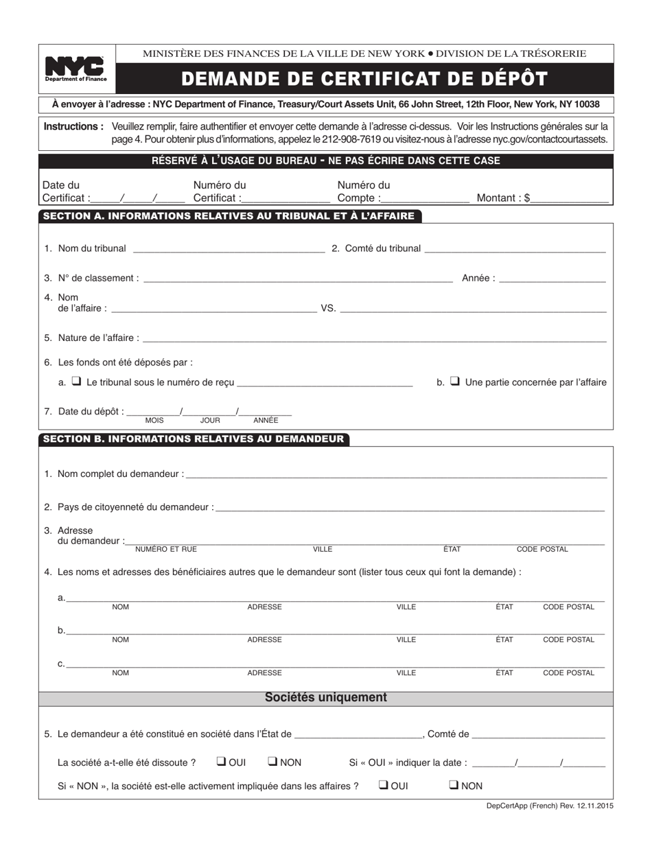 Application for Certificate of Deposit - New York City (French), Page 1