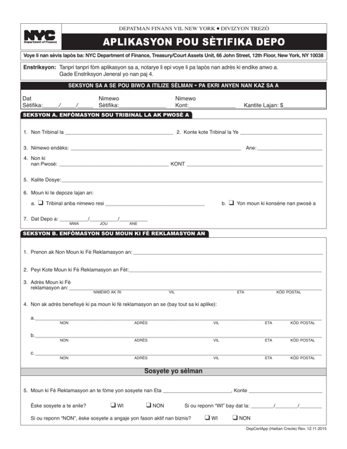 Application for Certificate of Deposit - New York City (Haitian Creole) Download Pdf