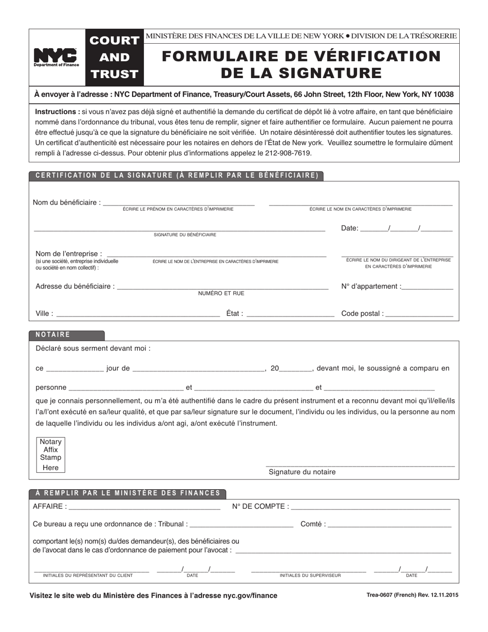Form TREA-0607 Signature Verification Form - New York City (French), Page 1