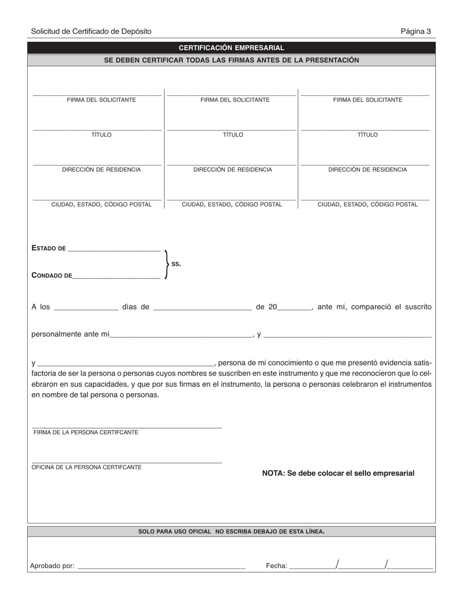 Solicitud De Certificado De Deposito - New York City (Spanish), Page 3