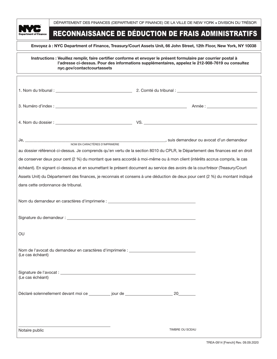 Form TREA-0914 Administrative Fee Deduction Acknowledgment - New York City (French), Page 1