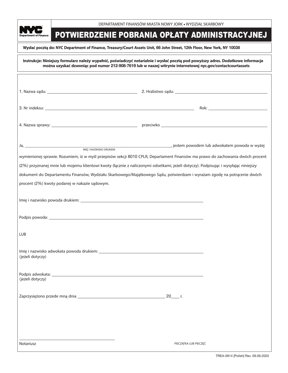 Form TREA-0914 Administrative Fee Deduction Acknowledgment - New York City (Polish), Page 1