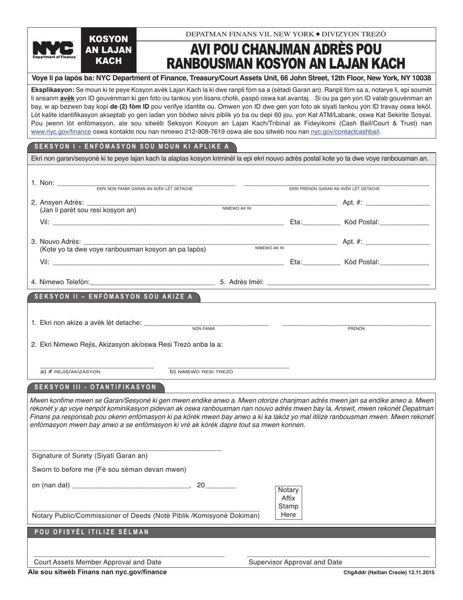 Cash Bail Refund Change of Address Notice - New York City (Haitian Creole), Page 1