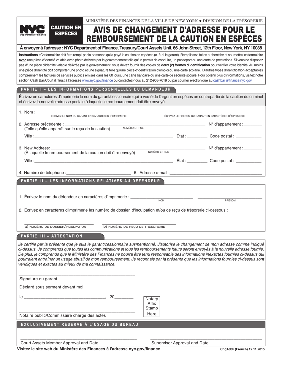 Cash Bail Refund Change of Address Notice - New York City (French), Page 1