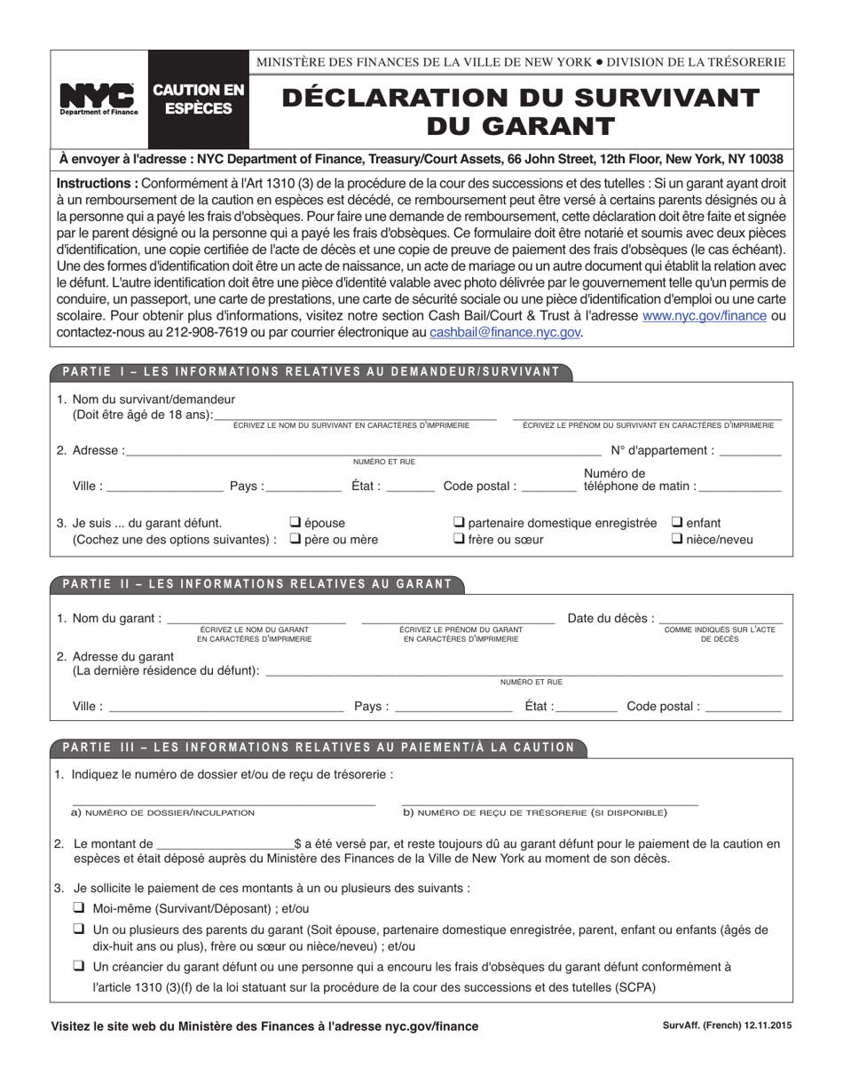 Surety Survivors Affidavit - New York City (French), Page 1