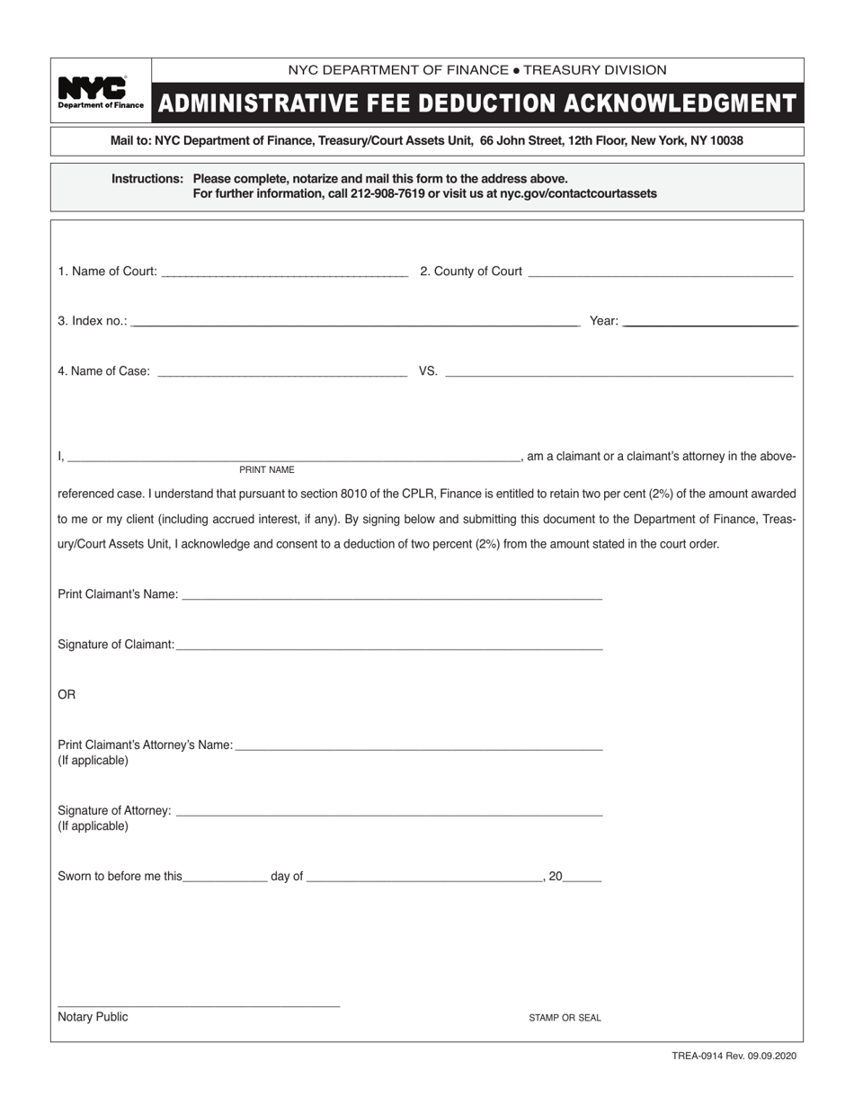 Form TREA-0914 Administrative Fee Deduction Acknowledgment - New York City, Page 1