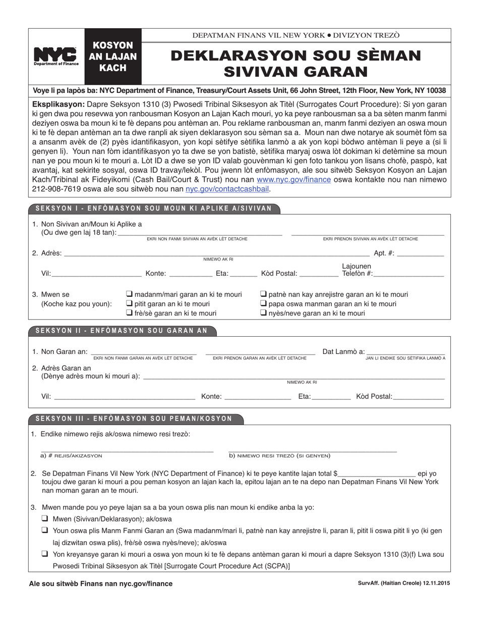 Surety Survivors Affidavit - New York City (Haitian Creole), Page 1