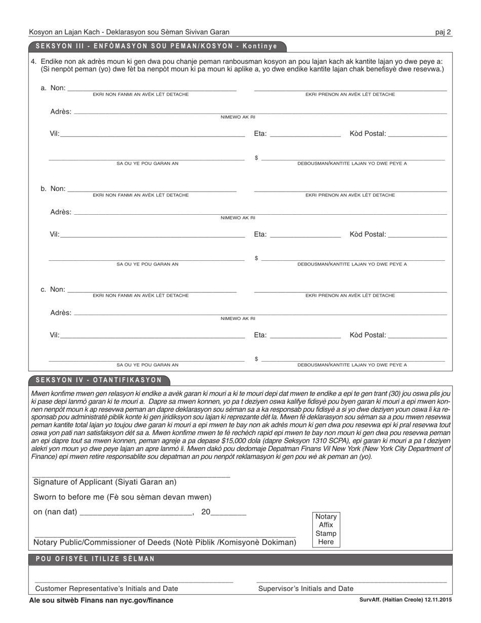 Surety Survivors Affidavit - New York City (Haitian Creole), Page 2