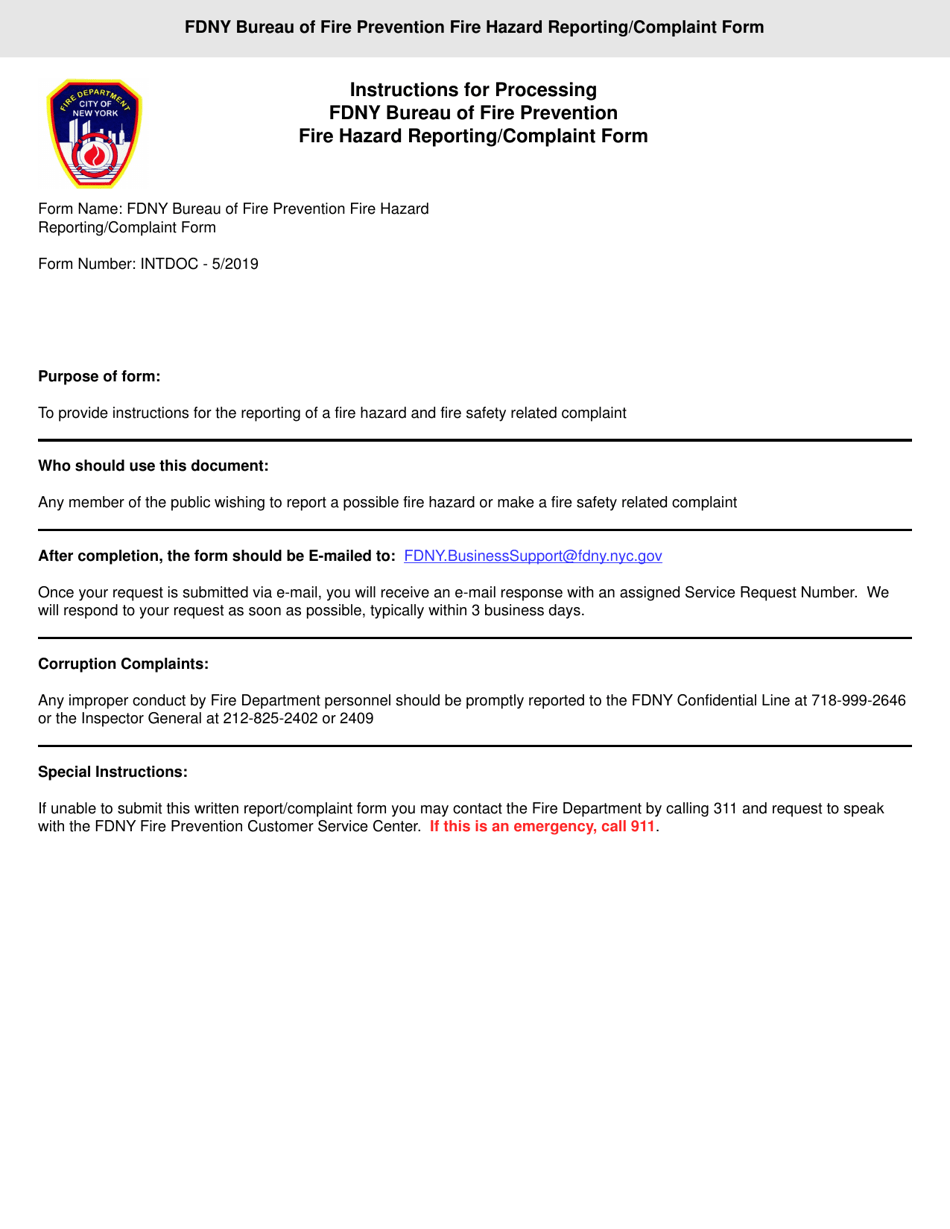 Form INTDOC Fire Hazard Reporting / Complaint Form - New York City, Page 1